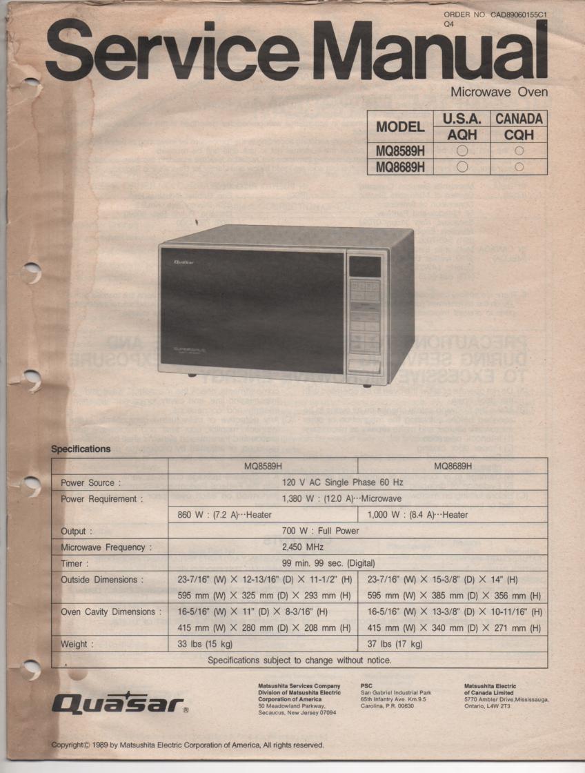 MQ8589H MQ8689H Microwave Oven Operating Service Instruction Manual