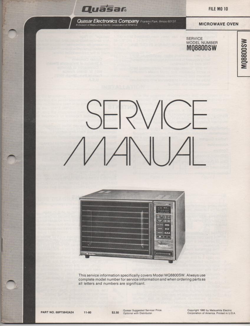 MQ8800SW Microwave Oven Operating Service Manual with parts lists and schematics