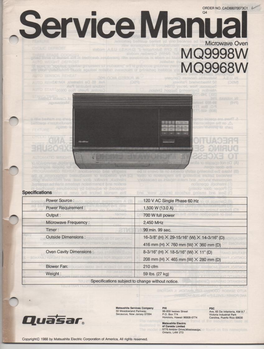 MQ9998W YMQ9968W Microwave Oven Operating Service Instruction Manual with parts lists and schematics