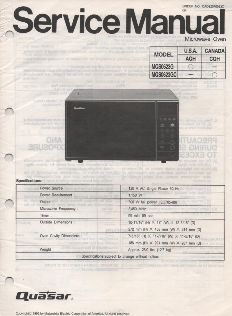 MQS0623G MQ0623GC Microwave Oven Service Operating Manual with parts lists and schematics