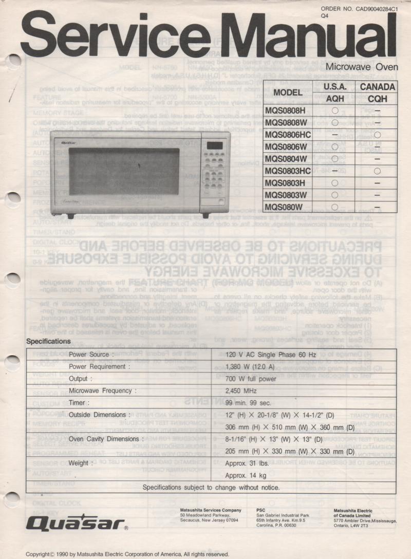 MQS0804W MQS080 MQS080W Microwave Oven Service Operating Instruction Manual