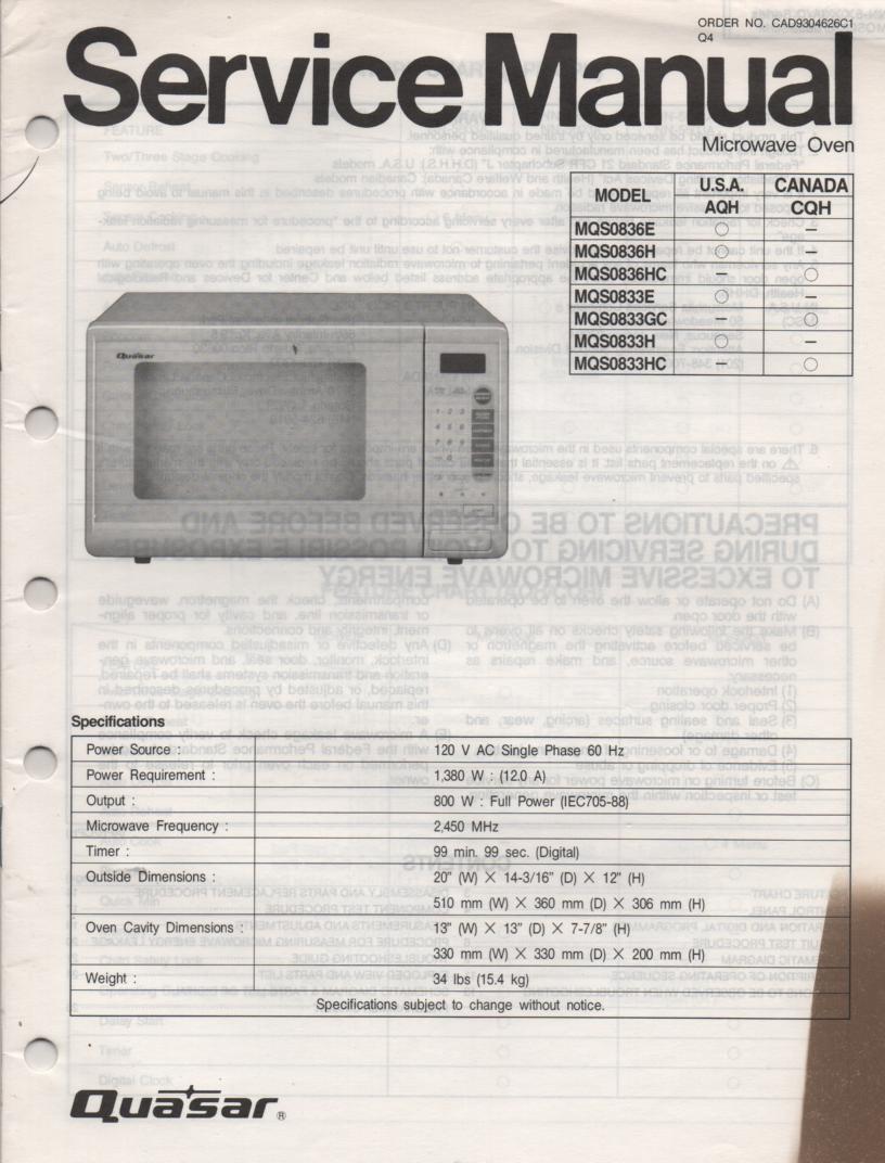 MQS0833E MQS0833H MQS0833GC MQS0833HC Microwave Oven Service Operating Instruction Manual with parts lists and schematics