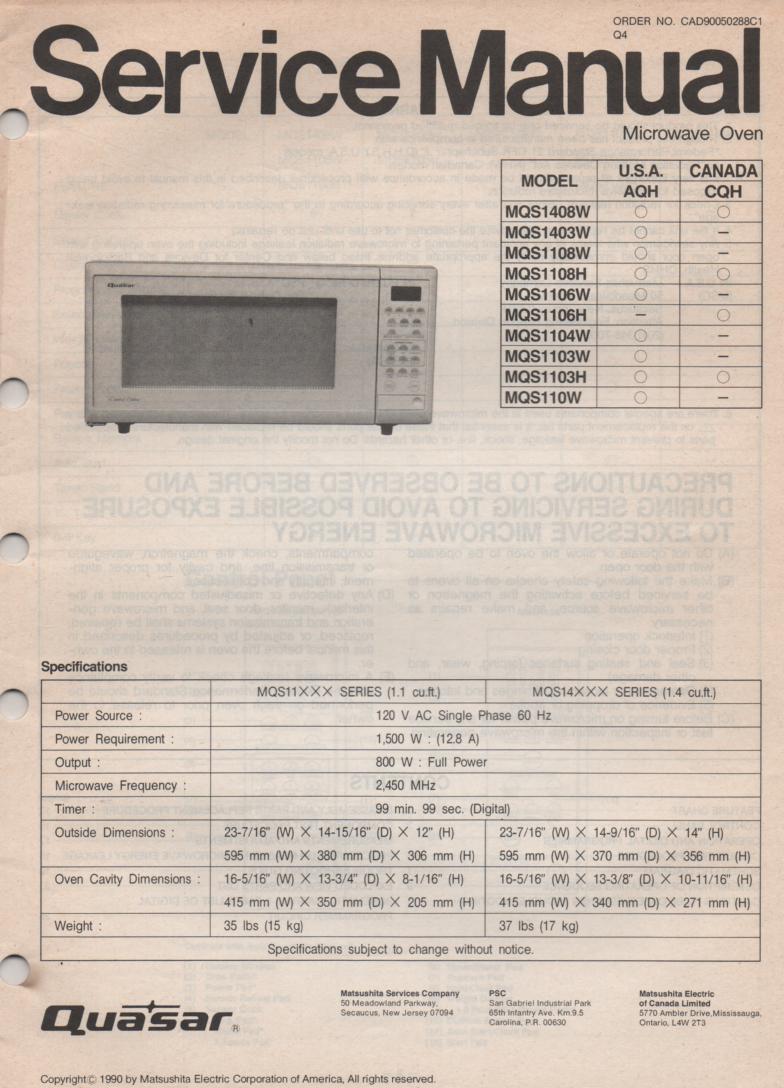 MQS1108H MQS1108W MQS110W Microwave Oven Service Operating Instruction Manual with parts lists and schematics