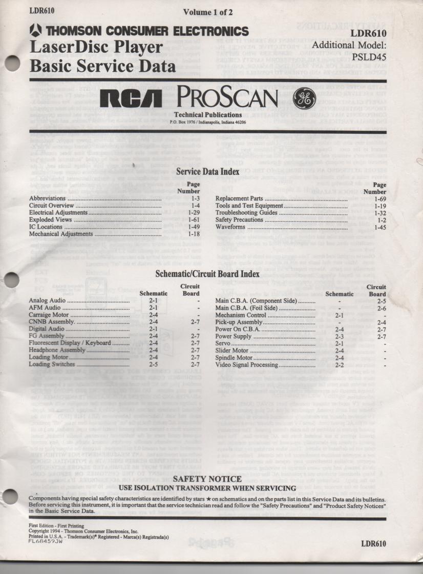 LDR610 Laser Disc Service Schematics Manual