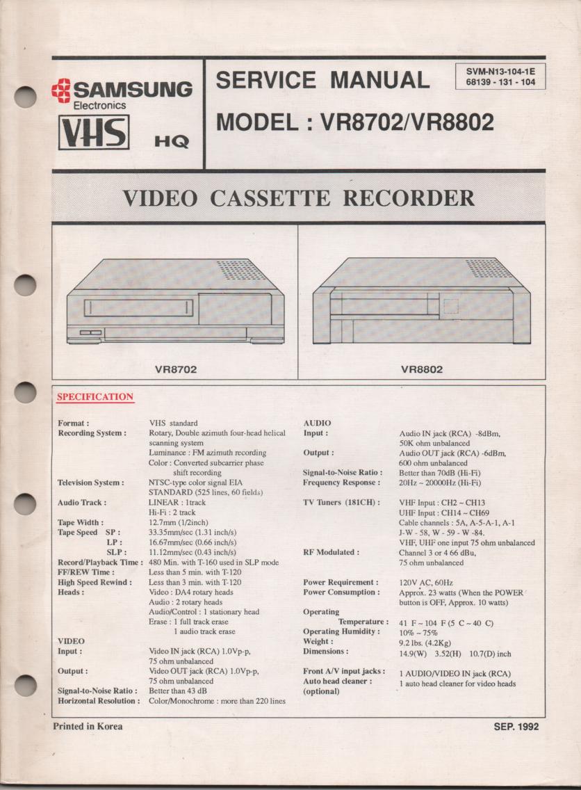 VR8702 VR8802 VCR Service Manual