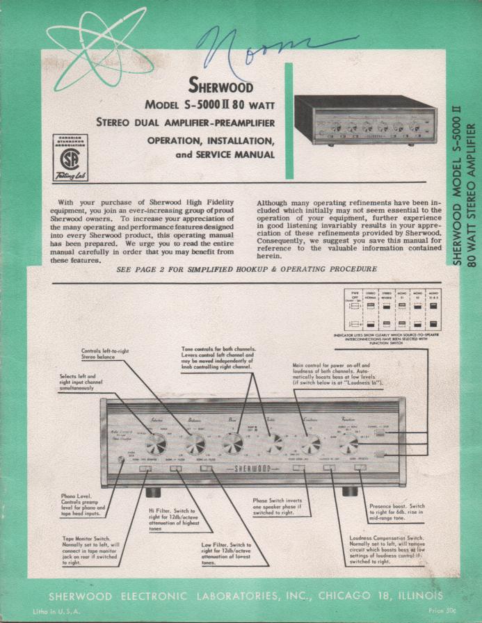 S-5000II S-5000 II Amplifier Operating Installation and Service Manual for Serial No. 545200 and Up.