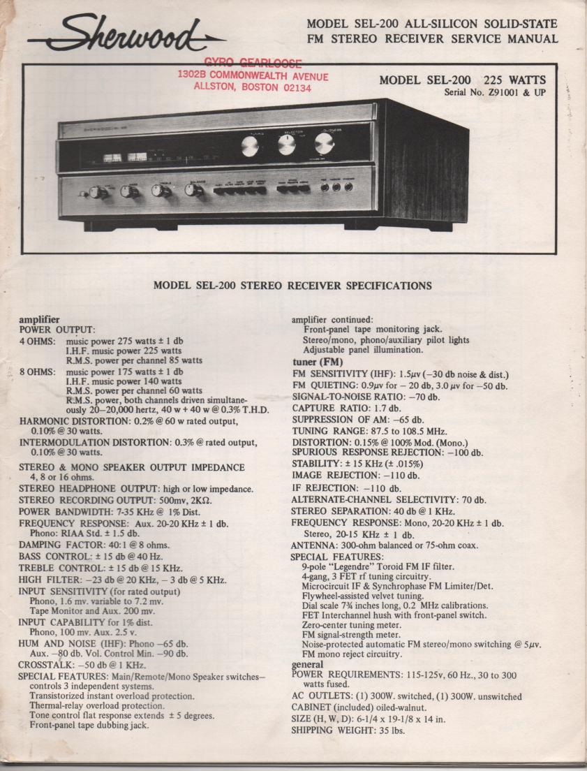 SEL-200 Receiver Service Manual for Serial No.Z02001 and UP  Sherwood 