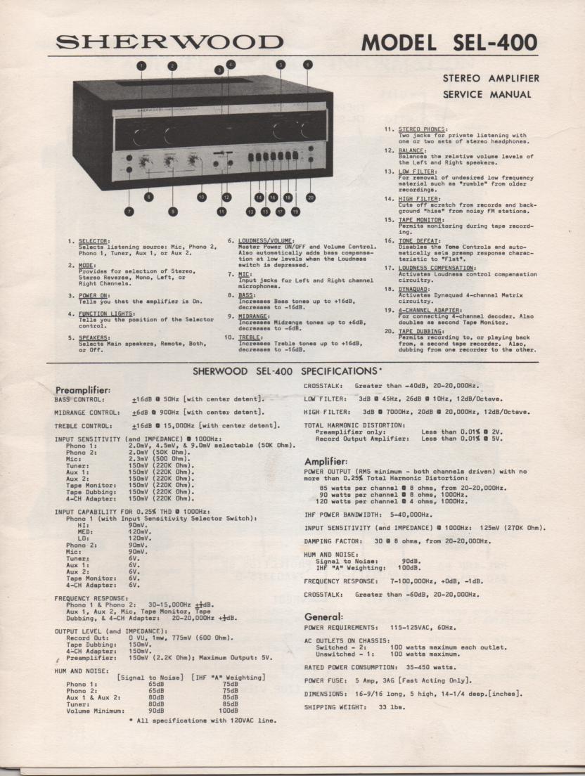 SEL-400 Amplifier Service Manual for Serial No.4A41551-4A452600