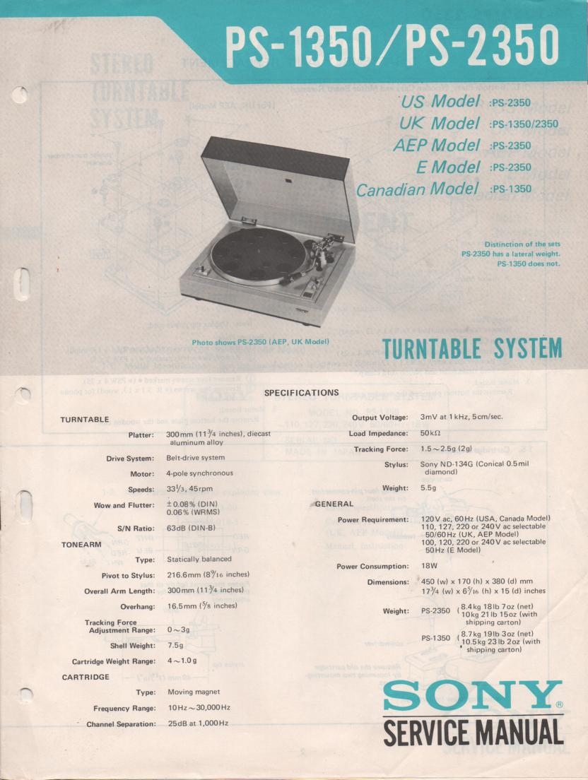 PS-1350 PS-2350 Turntable Service Manual  Sony