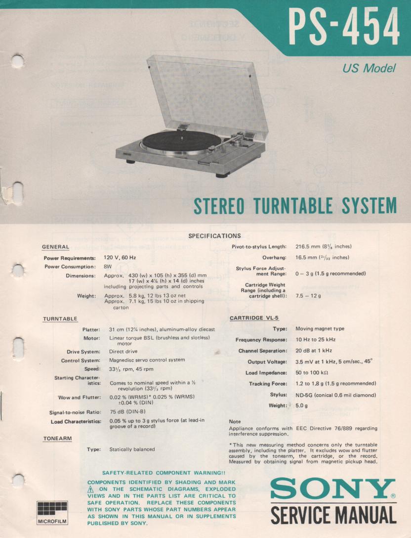 PS-454 Turntable Service Manual  Sony