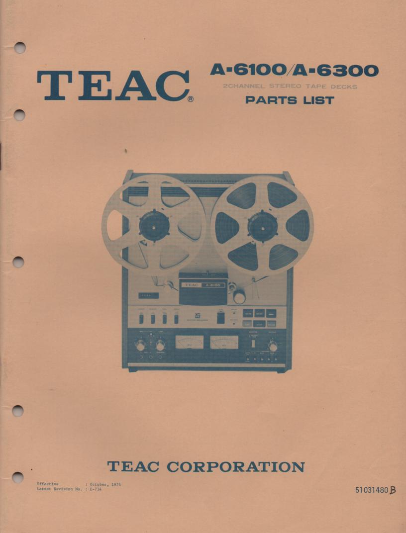 A-6300 A-6100 Reel to Reel Service Parts Manual  TEAC