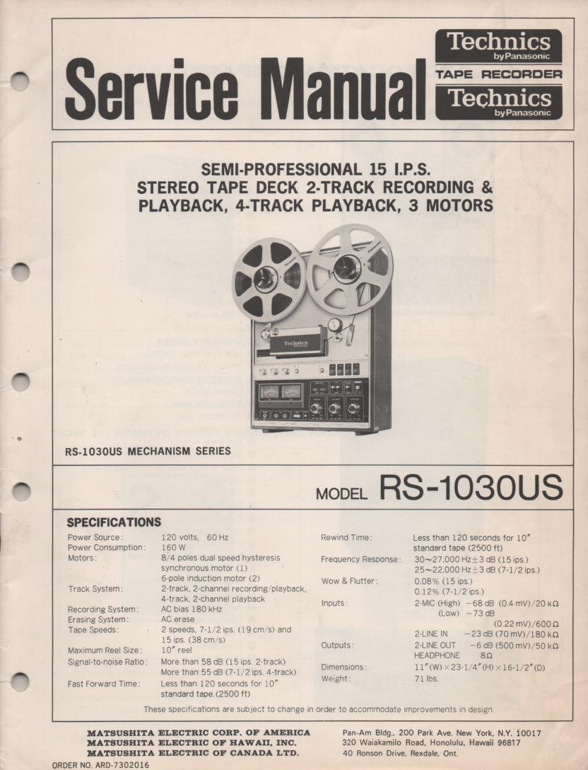 RS-1030US Reel to Reel Service Manual  TECHNICS