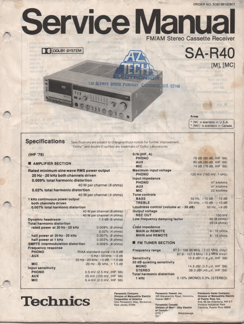 SA-R40 Cassette Receiver Service Instruction Manual