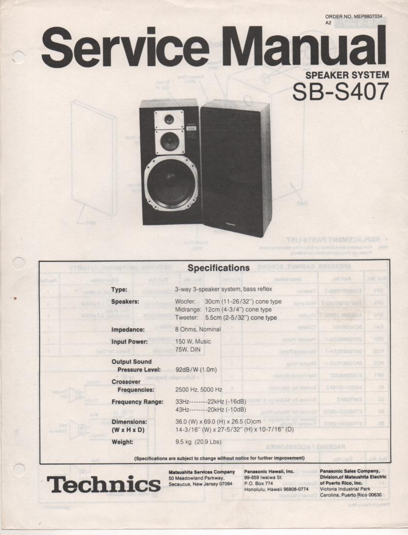 SB-S407 Speaker System Service Manual  Technics 