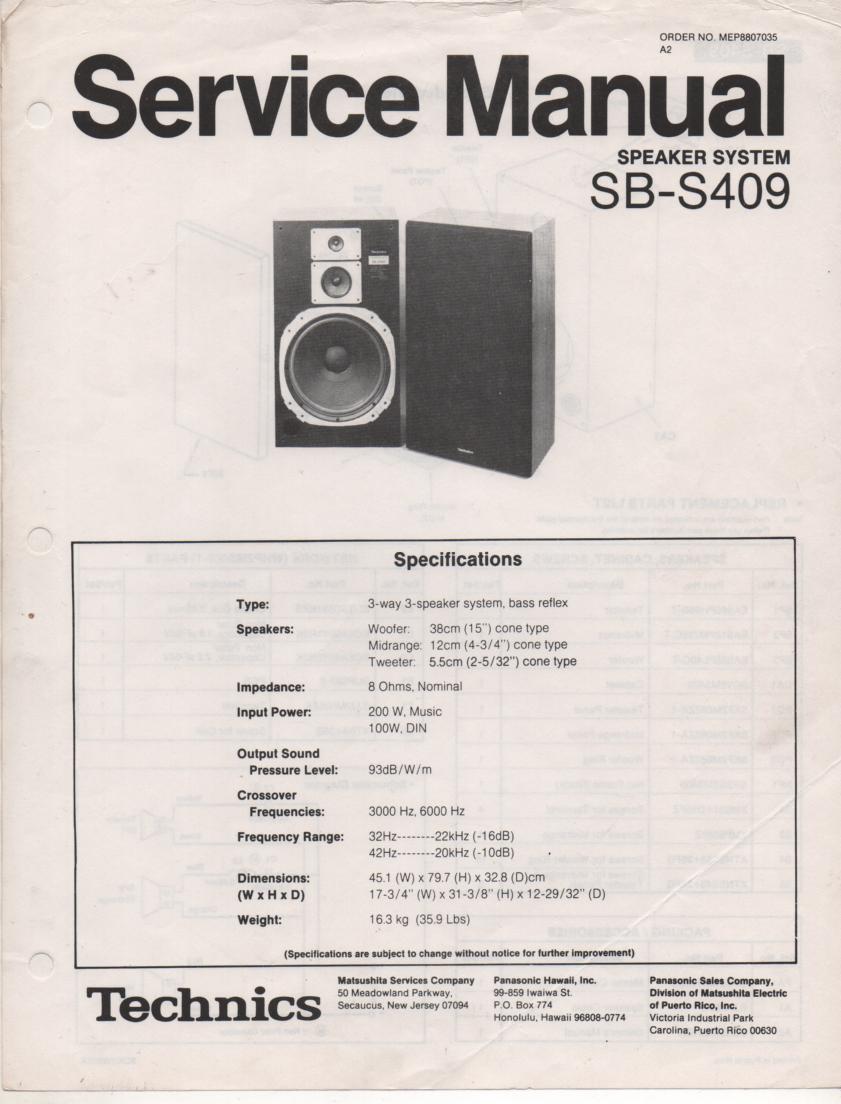 SB-S409 Speaker System Service Manual  Technics 