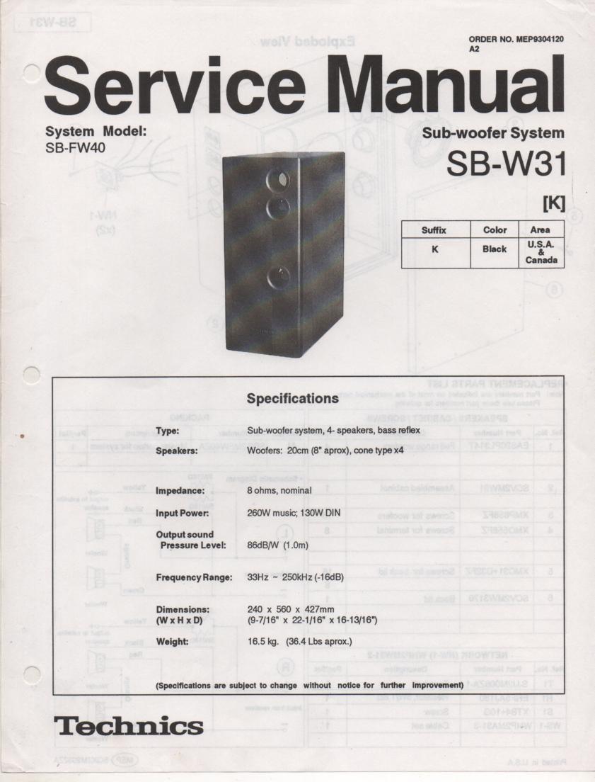 SB-W31 SB-31K Speaker System Service Manual  Technics 