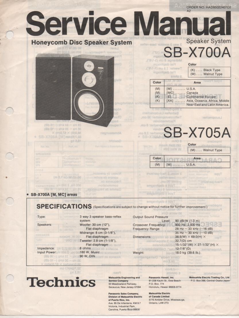 SB-X700A SB-X705A Speaker System Service Manual  Technics 