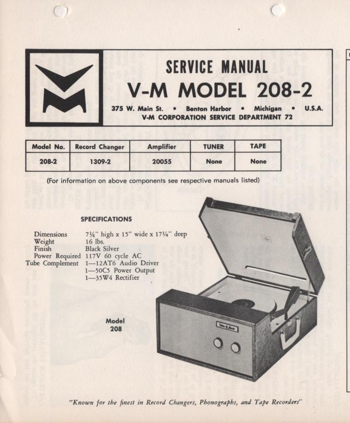 208-2 Portable Phonograph Service Manual.   Comes with 1309 turntable manual and 20055 power supply manual