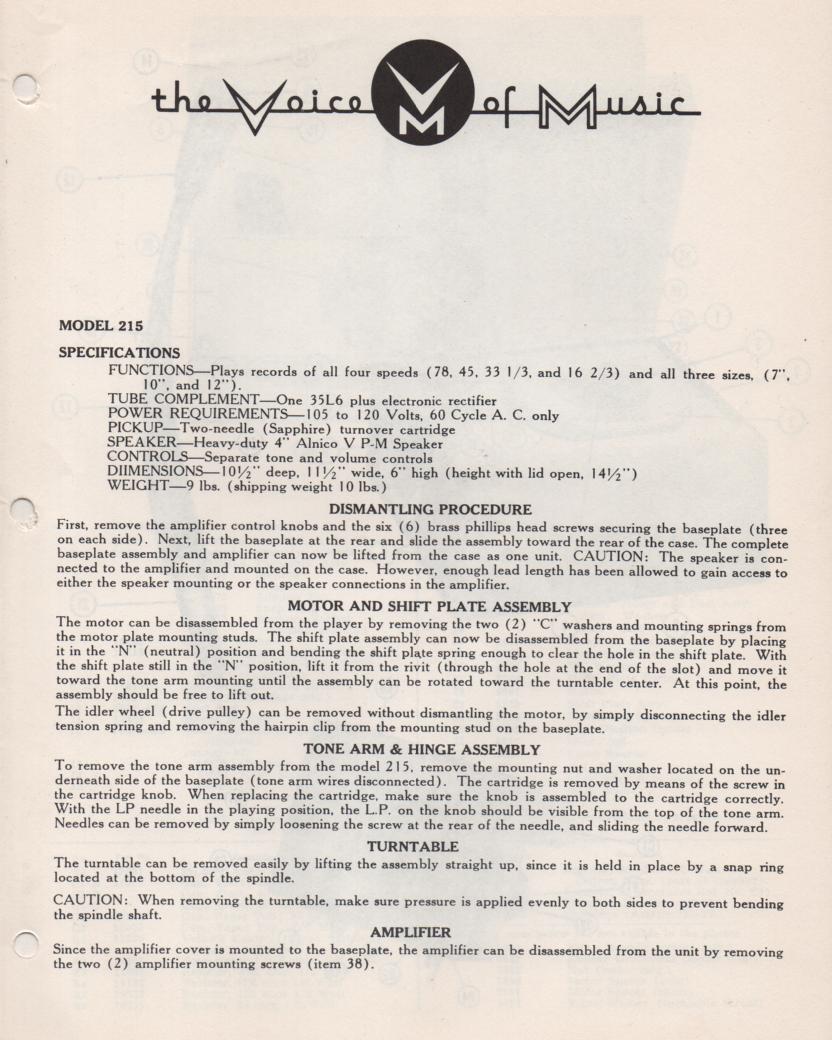 215 Portable Phonograph Service Manual