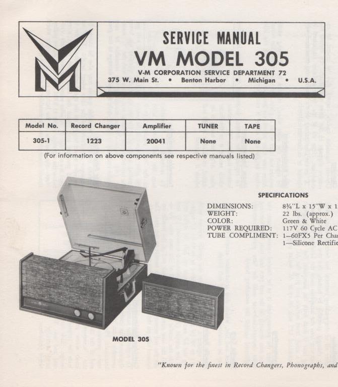 305 Portable Phonograph Service Manual.  comes with 1223 turntable manual and 20041 power unit manual..
