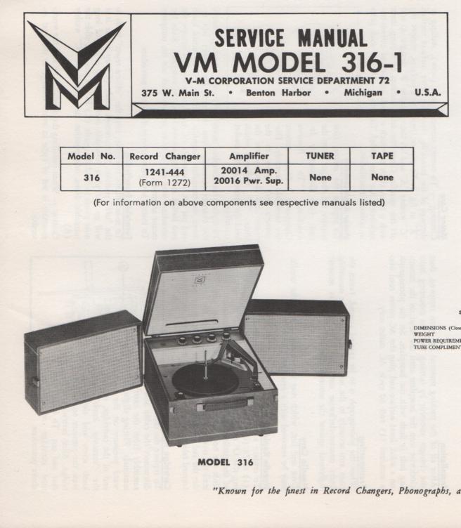 316-1 Portable Phonograph Service Manual...Comes with 20014 20016 power amp manuals..