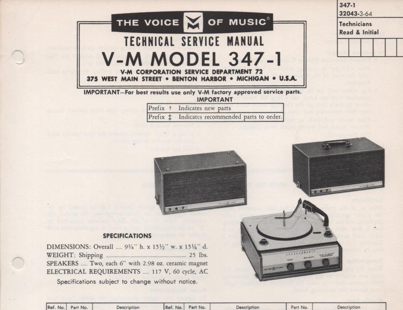 347-1 Portable Phonograph Service Manual Comes with B1257 and 20077 manuals