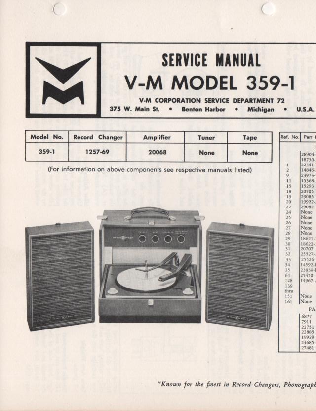 359-1 Portable Phonograph Service Manual Comes with 1257 and 20068 manuals