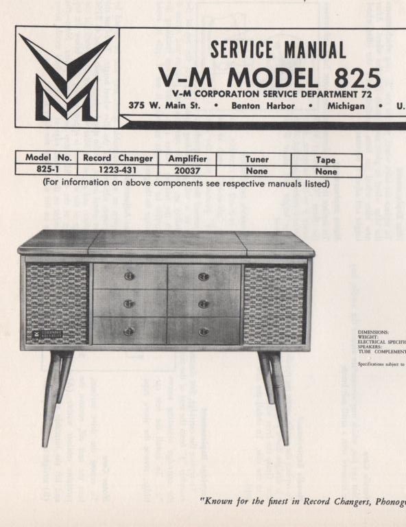 825 Console Service Manual... Comes with 1223 record changer manual and 20037 manual..