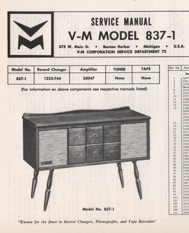 837-3 Console Service Manual... Comes with 1257 record changer and 20049 manuals
