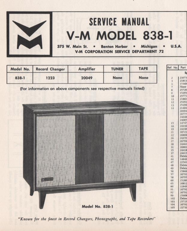 838-1 Console Service Manual... Comes with 1223 record changer and 20049 manuals