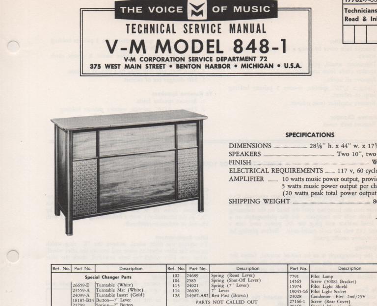 848-1 Console Service Manual... Comes with 1257 record changer manual
No schematics..