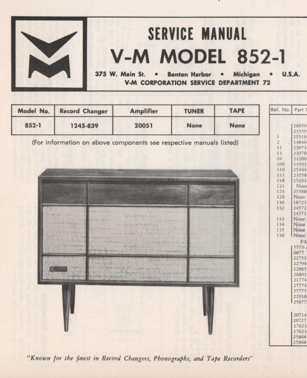 852-1 Console Service Manual... Comes with  20051 amplifier manual.   no changer manual.