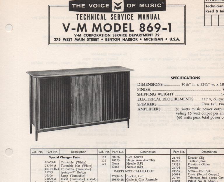 869-1 Console Service Manual.. Comes with 20026 and 20053 manuals. No changer manual..