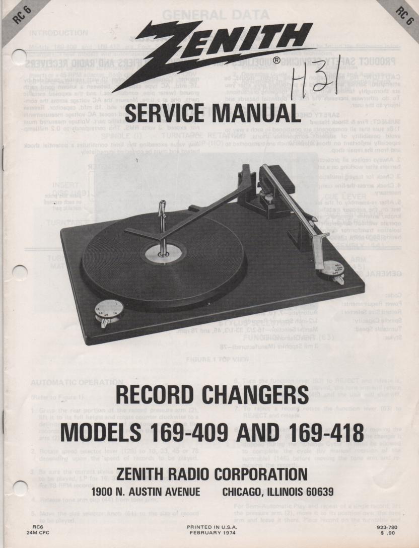 169-409 169-418 Turntable Service Manual RC-6  Zenith