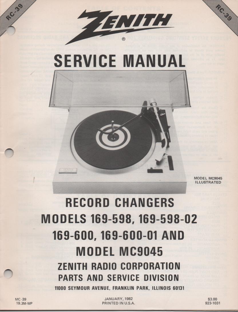 169-598 169-598-02 Turntable Service Manual RC-39  Zenith