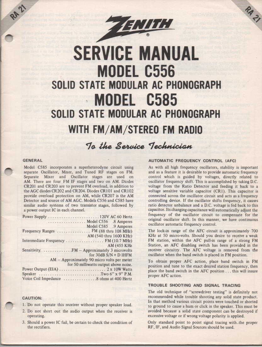 C585 Turntable Service Manual RA-21  Zenith