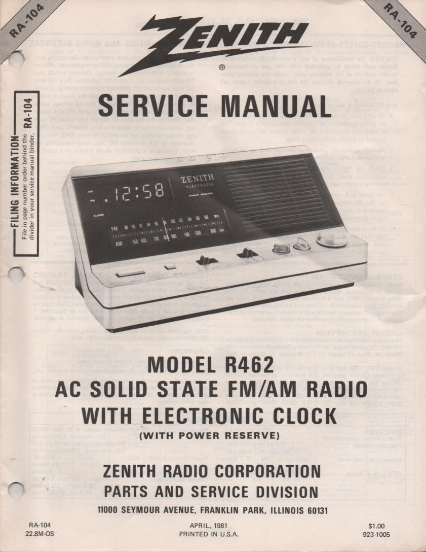 R462 AM FM Clock Radio Service Manual RA104
