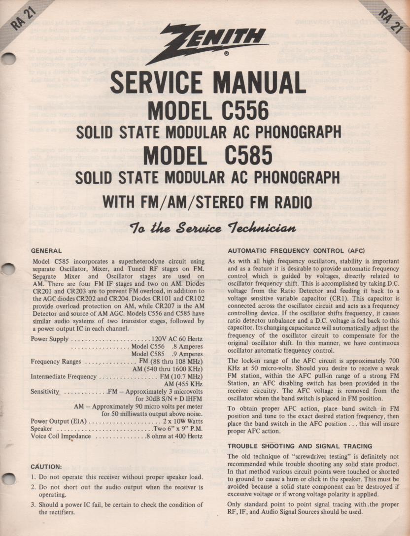 C556 C585 AM FM Radio Phonograph Service Manual RA21