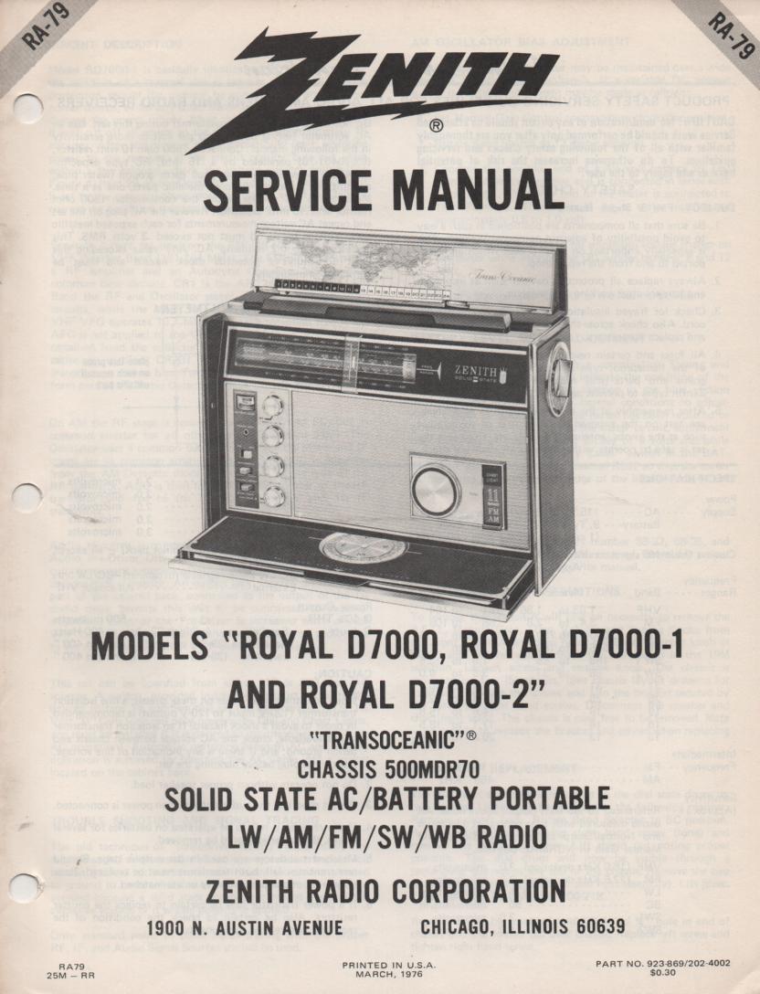 D7000 D7000-1 Royal D7000 D7001 Transoceanic Radio Service Manual RA79...  with chassis 500MDR70