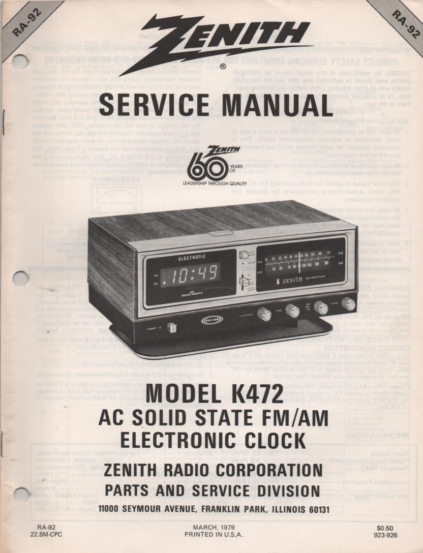 K472 AM FM Table Clock Radio Service Manual RA92