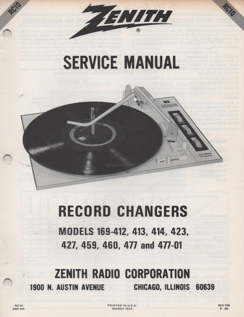 169-412 169-413 169-414 169-324 169-427 Record Changer Turntable Service Manual. RC10  Zenith