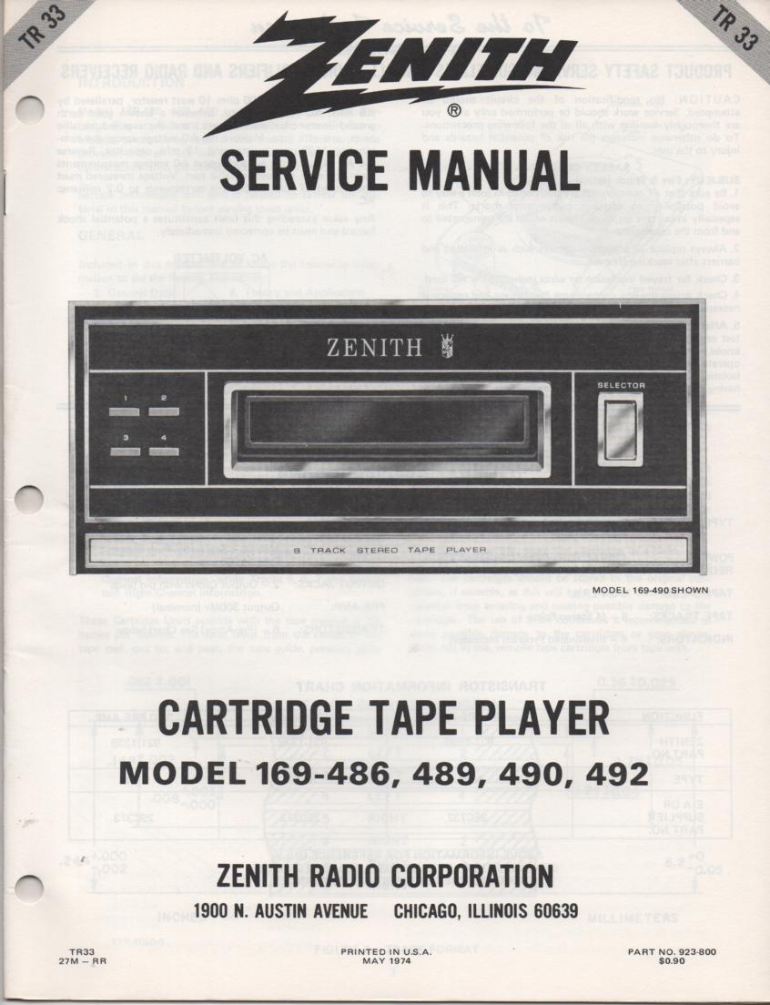 169-486 169-489 169-490 169-492 8-Track Tape Player Service Manual TR33