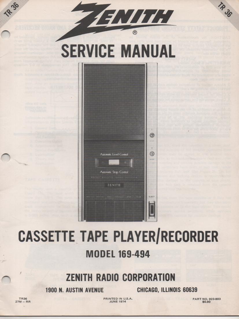 169-494 Cassette Tape Player Recorder Service Manual TR36