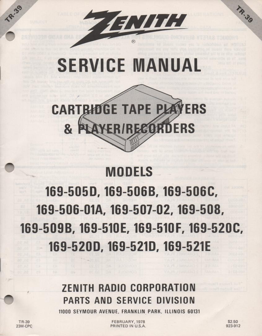 169-520C 169-520D 169-520D 169-521E 8-Track Player Recorder Service Manual TR39