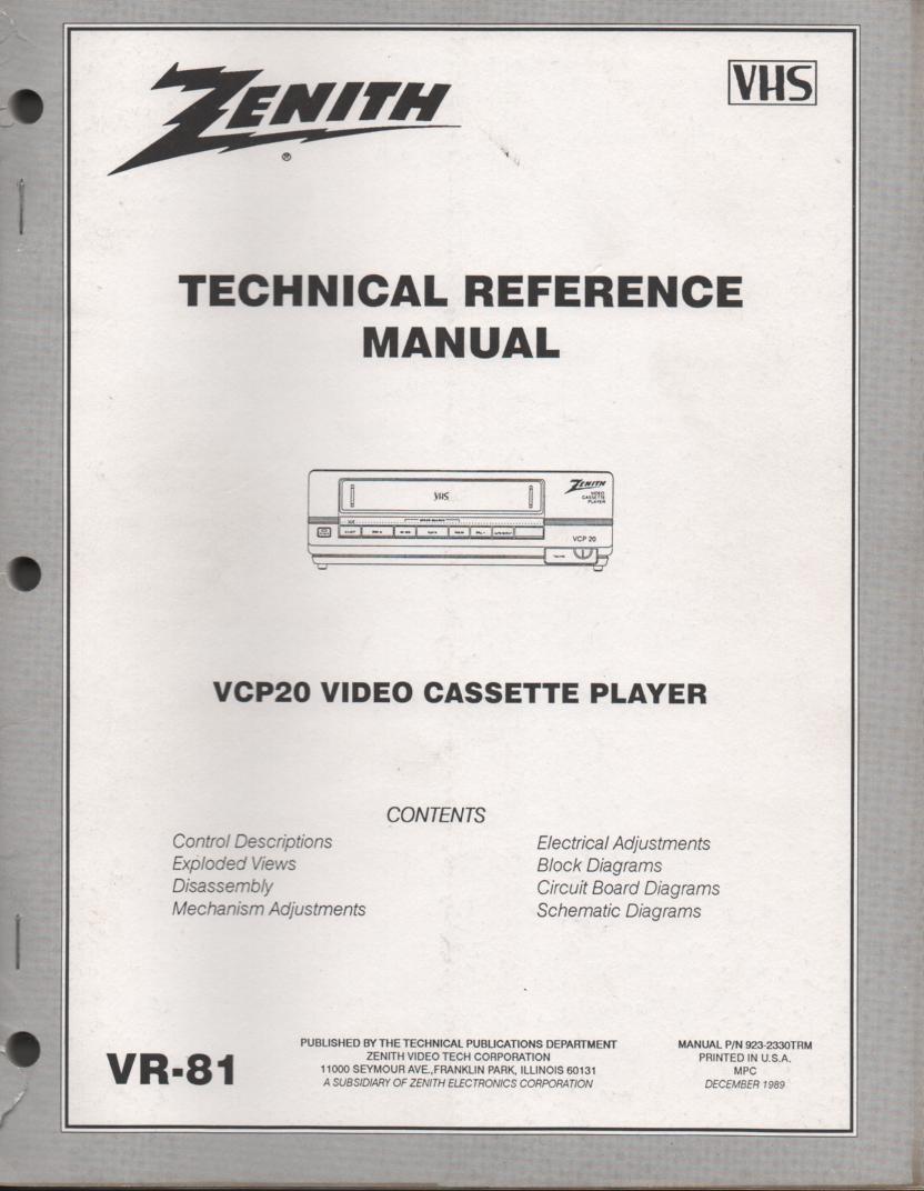 Zenith VCP20 VCR Technical Reference Manual... 
Manual VR-81