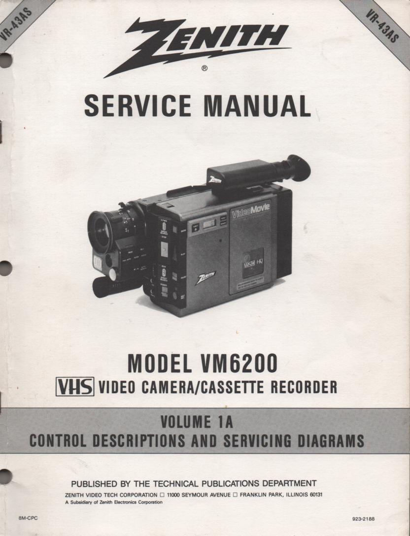 VM6200 Camcorder Control Descriptions Schematics Service Manual VR43AS Also contains a supplement..