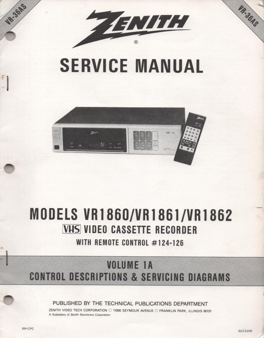 VR1860 VR1861 VR1862 VCR Control Descriptions Service Diagram Manual VR36AS  