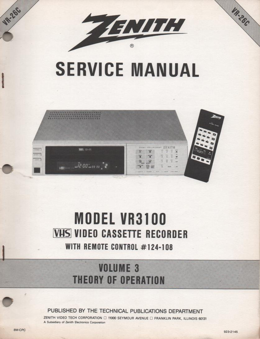 VR3100 VCR Theory of Operation Technical Service Manual VR26C  This is not an owners manual..