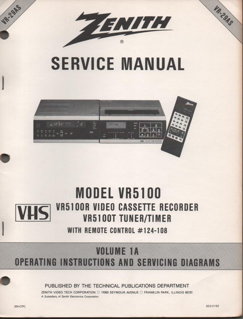 VR5100 VCR Operating Instruction Manual VR29AS.. Front section of service manual is the owners manual..
