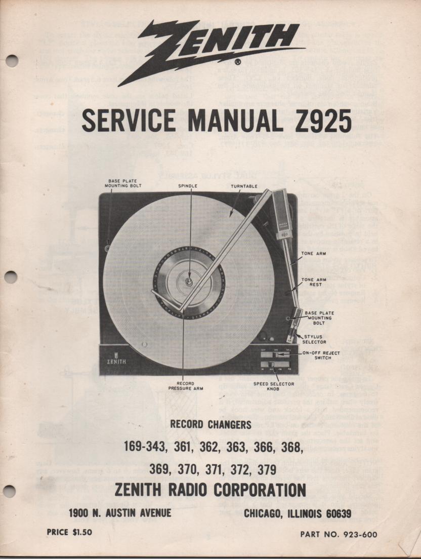 169-343 169-361 169-362 169-363 Record Changer Service Manual Z925  Zenith